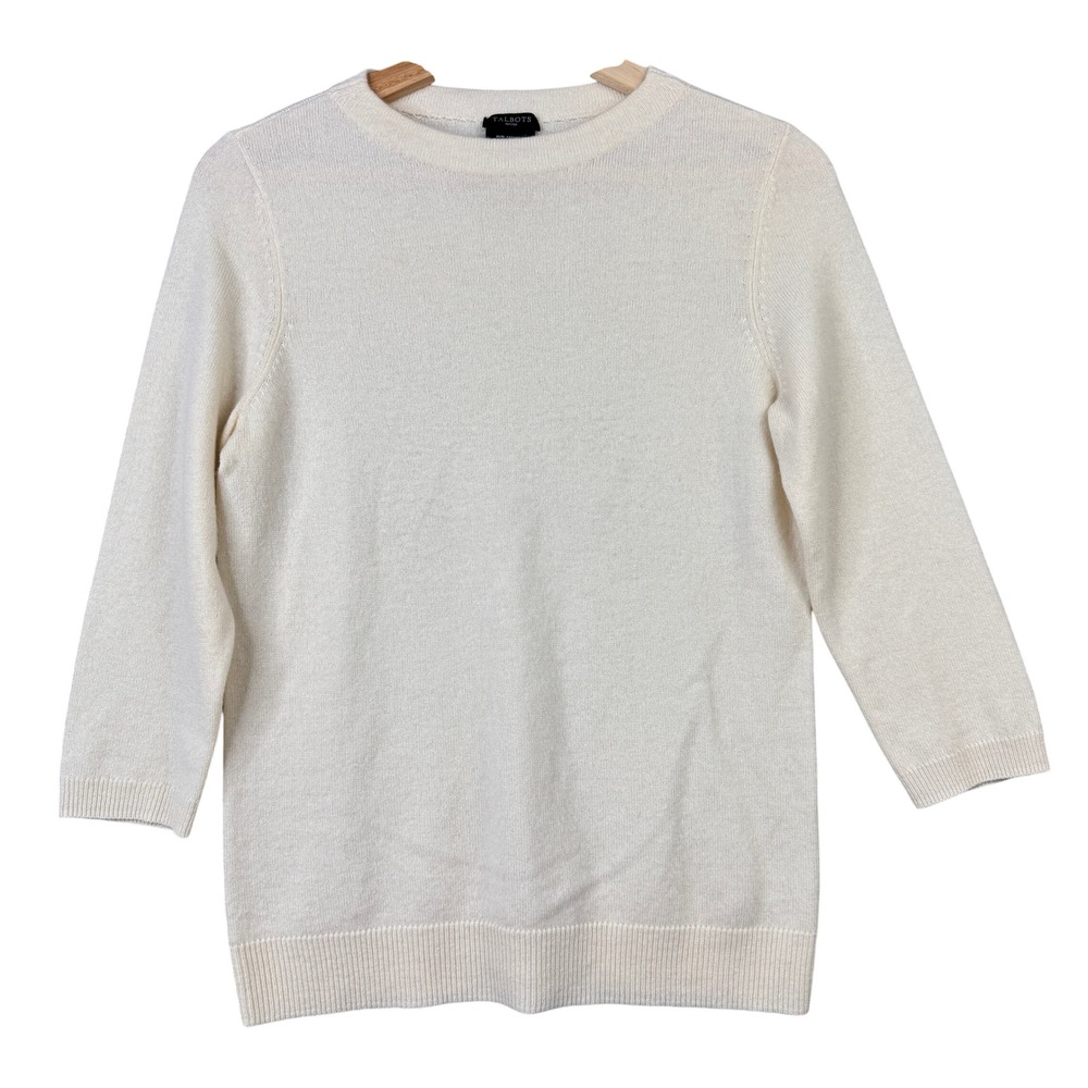 Talbots Petites Audrey 100% Cashmere Sweater Ivory 3/4 Sleeve Crew Neck Size SP - Picture 2 of 7